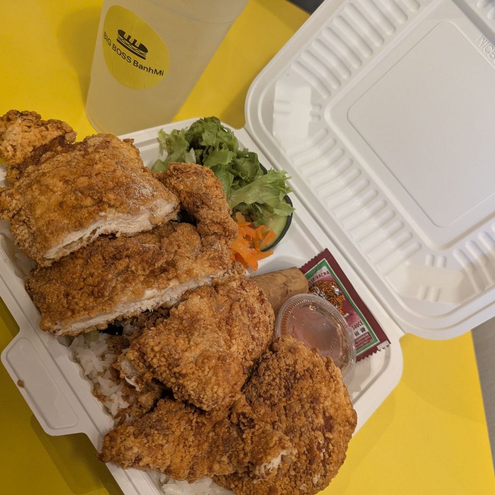 Big Boss Banh Mi - The rice box with the chicken fried steak !!! $12.99 (yes, lemonade on the side !) - Vietnamese Near Me - Houston, Texas Big Boss Banh Mi - The rice box with the chicken fried steak !!! $12.99 (yes, lemonade on the side !) - Vietnamese Near Me - Houston, Texas