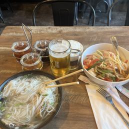 Pho brisket and Basil Leaves with a Singha Pho brisket and Basil Leaves with a Singha