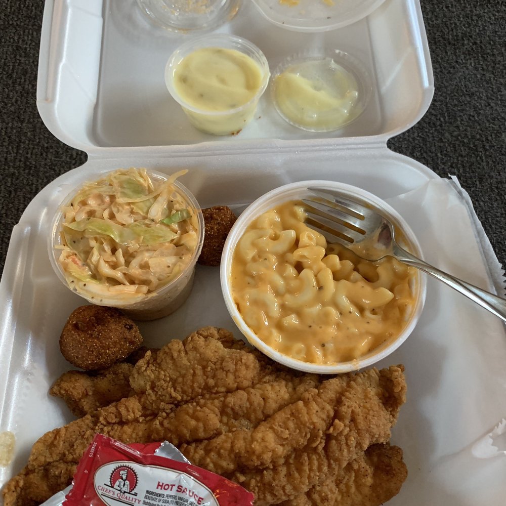 Caplinger's Fresh Catch Seafood Kitchen - Cat Catfish Fillet Dinner - chipotle slaw, Mac n cheese, & hush puppies - Seafood Near Me - Indianapolis, Indiana