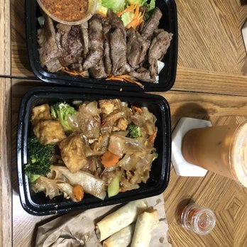 Mine Eathai - Crying tiger, pad see ew, banana dessert and Thai tea. - Thai Near Me - Stanton, California