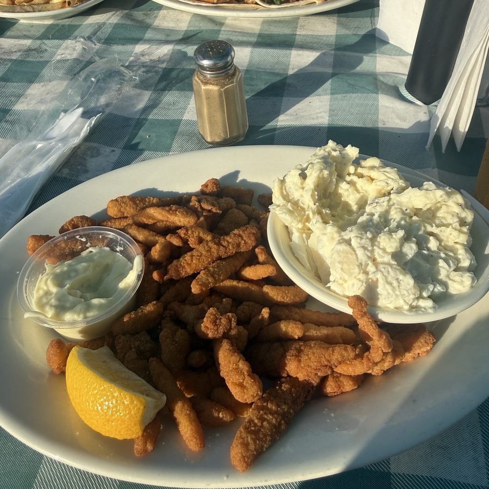 Fried clams and potato salad took Fried clams and potato salad took