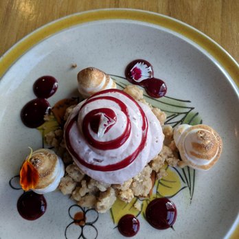 Krafty Kitchen + Bar - deconstructed cherry cheese cake with walnut streusel and toasted meringue - Canadian (New) Near Me - Kelowna, British Columbia Krafty Kitchen + Bar - deconstructed cherry cheese cake with walnut streusel and toasted meringue - Canadian (New) Near Me - Kelowna, British Columbia
