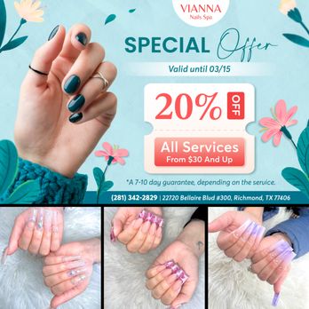 Vianna Nails Spa - SPECIAL OFFER
20% OFF All Services $30+
Valid until 03/15 - Nail Salons Near Me - Richmond, Texas Vianna Nails Spa - SPECIAL OFFER
20% OFF All Services $30+
Valid until 03/15 - Nail Salons Near Me - Richmond, Texas