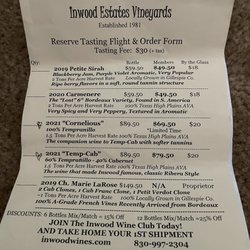 Inwood Estates Vineyards Inc - Menu of the tasting flight