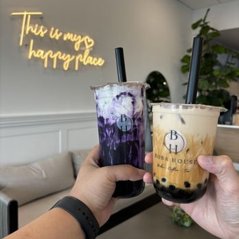 Boba House - Large Ube w/ Tapioca and Salted Cheese Foam + Small Brown Sugar Milk Tea w/ Tapioca - Bubble Tea Near Me - Bloomingdale, Illinois