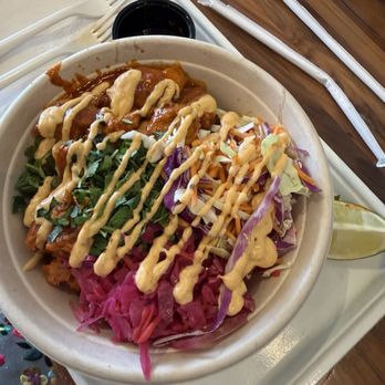 Chi'Lantro - Create Your Own Bowl (Spicy chicken, magic sauce, noodles, cilantro, pickled onions, lime, slaw.) 10/10 - Korean Near Me - Austin, Texas