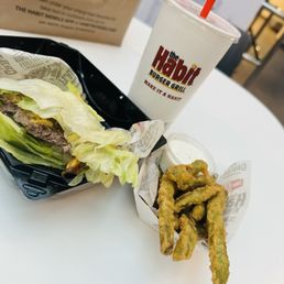Lettuce bun cheeseburger and Green bean tempura so delicious
