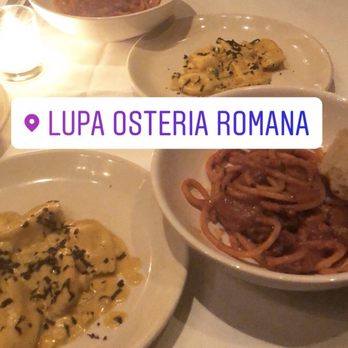 Lupa - Bucatini All'Amatriciana goat cheese and black truffle and Truffled Goat Cheese Agnolotti with Squash Pesto - Italian Near Me - New York, New York