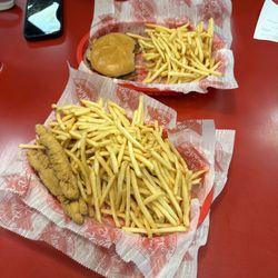 Steak ’n Shake - Chicken Fingers, French fries, double cheese burger