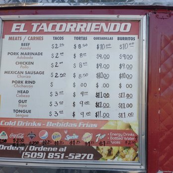 El Tacorriendo - a menu on a food truck - Food Trucks Near Me - Richland, Washington El Tacorriendo - a menu on a food truck - Food Trucks Near Me - Richland, Washington