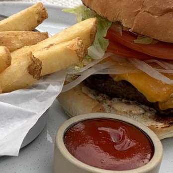 Ember & Rye - Mishima Ranch Wagyu BURGER (cheddar, lettuce, tomato, onion, pickle, and Catalina sauce) with triple-cooked fries and kimchi ketchup - Seafood Near Me - Carlsbad, California