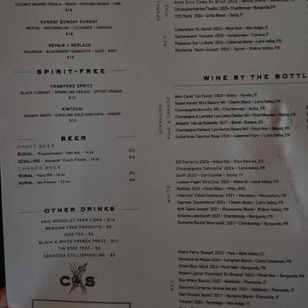Crawford & Son - Back of menu with drinks - New American Near Me - Raleigh, North Carolina
