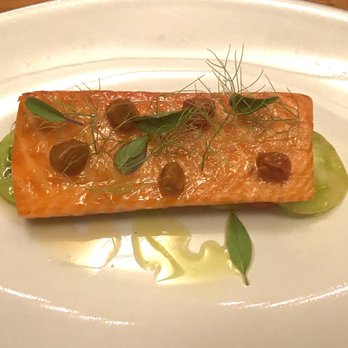PRESS - The salmon on a bed of heirloom tomatoes. Delicious. - Bars Near Me - St. Helena, California PRESS - The salmon on a bed of heirloom tomatoes. Delicious. - Bars Near Me - St. Helena, California