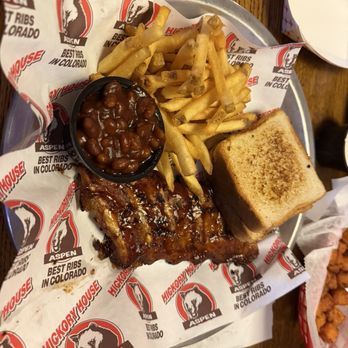 Hickory House Ribs & Steaks - Half rack & fries Baked Beans& toast - Barbeque Near Me - Parker, Colorado Hickory House Ribs & Steaks - Half rack & fries Baked Beans& toast - Barbeque Near Me - Parker, Colorado