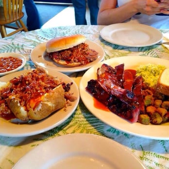 Hickory Pit Bar-B-Que - Lg chopped BBQ sandwich, BBQ baked beans, regular sized BBQ baked potato and Lg pork spare rib plate with fried okra and slaw. - Barbeque Near Me - Chattanooga, Tennessee Hickory Pit Bar-B-Que - Lg chopped BBQ sandwich, BBQ baked beans, regular sized BBQ baked potato and Lg pork spare rib plate with fried okra and slaw. - Barbeque Near Me - Chattanooga, Tennessee