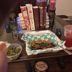 Jus' Taste - Collard green, pasta and steak - hibiscus lemonade. I ate all the shrimp.