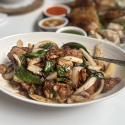 Crispy pork belly with basil