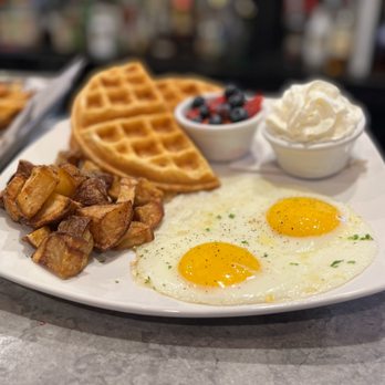 Coopers Tavern - waffles and eggs on a plate - Burgers Near Me - Edgewater, Maryland Coopers Tavern - waffles and eggs on a plate - Burgers Near Me - Edgewater, Maryland