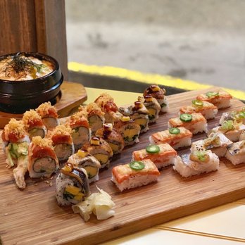 Green Leaf Sushi - Red Dragon Roll, Tamanagi Roll, Salmon Oshi, and Sime -Saba Oshi - Sushi Bars Near Me - Vancouver, British Columbia