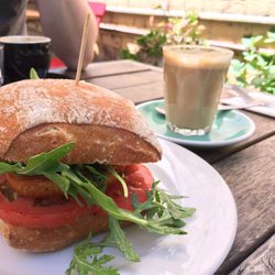 Roller Door Cafe - Grilled halloumi with pesto, rocket and tomato