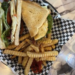 Mayor’s Restaurant - BELTCH sandwich = blt, with fried egg and pepper jack cheese. French fries and ketchup on sourdough bread. Yum