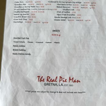 The Real Pie Man - Menu - Seafood Near Me - Gretna, Louisiana