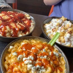 buffalo chicken mac, bbq pulled pork mac, chicken bacon ranch mac