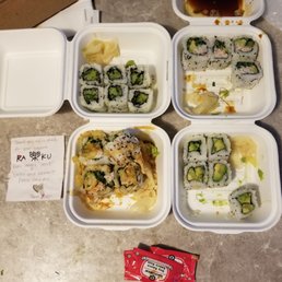 Cucumber roll, California roll, Dynamite roll, Avocado roll. Cucumber roll, California roll, Dynamite roll, Avocado roll.