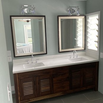 Pacific Craftworks - Dual sink master bath vanity with louvre doors - muong wood (koa like wood). - Cabinetry Near Me - Honolulu, Hawaii Pacific Craftworks - Dual sink master bath vanity with louvre doors - muong wood (koa like wood). - Cabinetry Near Me - Honolulu, Hawaii
