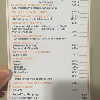 Resole America - Services provided and rates as of winter 2016. - Shoe Repair Near Me - Manassas, Virginia