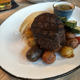 Filet with potatoes and zucchini (daily vegetable). Perfectly cooked MR. Filet with potatoes and zucchini (daily vegetable). Perfectly cooked MR.