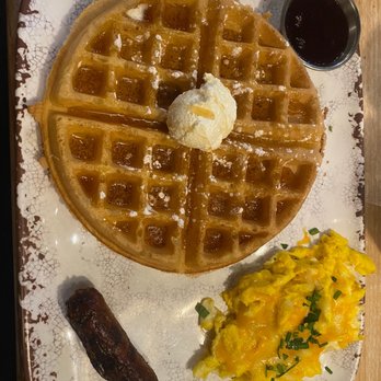 Sun & Fork - Trifecta breakfast: waffle, scrambled eggs. Pork sausage link. - Breakfast & Brunch Near Me - Nashville, Tennessee Sun & Fork - Trifecta breakfast: waffle, scrambled eggs. Pork sausage link. - Breakfast & Brunch Near Me - Nashville, Tennessee