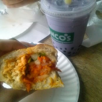 Hanco's - The amazing shredded chicken sandwich and a taro bubble tea. - Vietnamese Near Me - Brooklyn, New York