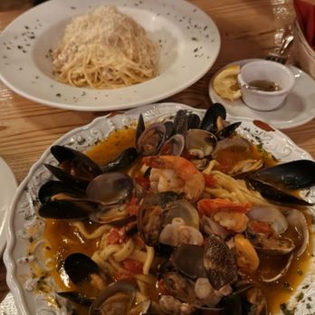 Mondello Italian Restaurant - Seafood Pasta Special (front), Carbonara (back) - Seafood Near Me - Seattle, Washington