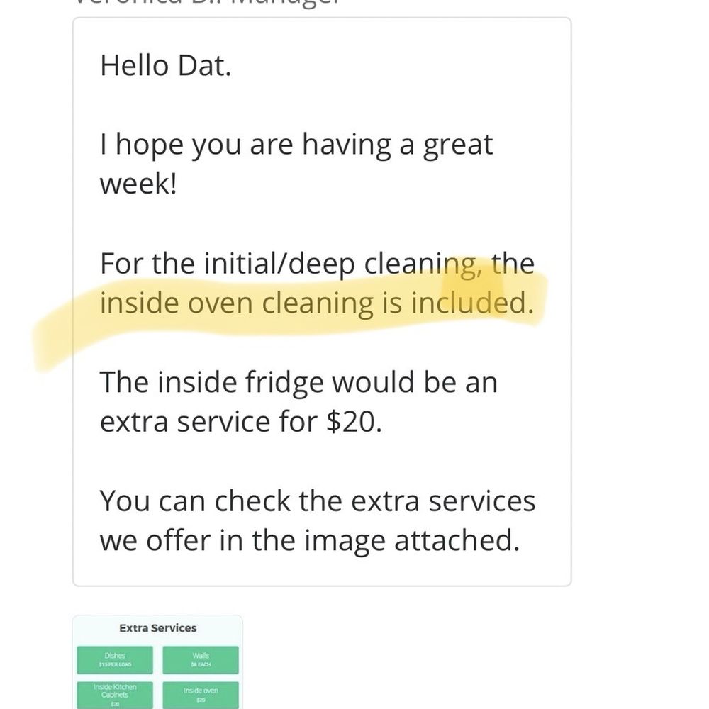 Was told oven cleaning was included but it was not Was told oven cleaning was included but it was not