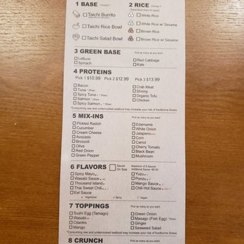 Taichi Bubble Tea, Ramen and Poke Bowl - Greece Mall - Customized rice/salad bowl order form - Bubble Tea Near Me - Rochester, New York