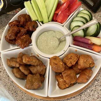 Green New American Vegetarian - Trio of wings and the best dill ranch dressing! I added the veggies - Vegetarian Near Me - Tempe, Arizona Green New American Vegetarian - Trio of wings and the best dill ranch dressing! I added the veggies - Vegetarian Near Me - Tempe, Arizona