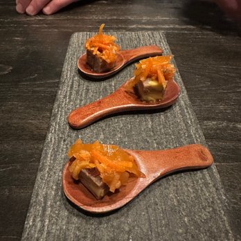 Table X - Amuse Bouche - I think it was a duck terrines with some pickled carrots- was delicious and nicely balanced flavor - New American Near Me - Salt Lake City, Utah Table X - Amuse Bouche - I think it was a duck terrines with some pickled carrots- was delicious and nicely balanced flavor - New American Near Me - Salt Lake City, Utah