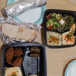 Chicken Shwarma. Vegetarian combo with pita bread. Extra falafel & hummus side.