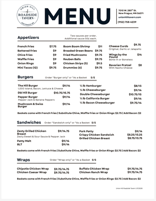 Menu photo 2 Union Hill Roadside Tavern New Prague, MN Menu photo 2 Union Hill Roadside Tavern New Prague, MN