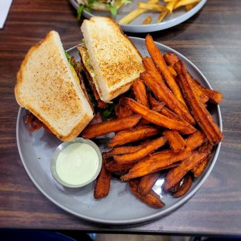 Shake & Shack94 - This is their BLT with a fried egg along with sweet potato fries and garlic aoili on the side. - Burgers Near Me - Stockton, California Shake & Shack94 - This is their BLT with a fried egg along with sweet potato fries and garlic aoili on the side. - Burgers Near Me - Stockton, California