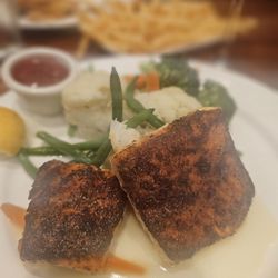 Atlanta Fish Market - My meal: Blackened Halibut with Mashed Potatoes, Veggie Medley (Carrots, Broccoli, String Beans and Cauliflower) sooo good