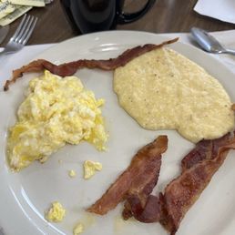 Two Eggs With Meat: Scrambled with Bacon & Cheese grits (this is how it was served, prior to eating) Two Eggs With Meat: Scrambled with Bacon & Cheese grits (this is how it was served, prior to eating)