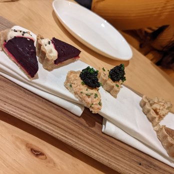 Mercantile - 3 tarts L to R: Beet, Salmon with caviar, and Foie Grois with apples - New American Near Me - Denver, Colorado