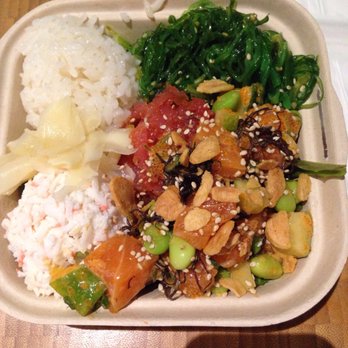 Hashtag Poki - Mini poki with spicy tuna and salmon, crab salad and seaweed salad, and sushi rice with greens on the bottom. - Poke Near Me - Berkeley, California