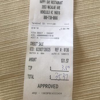 Happy Days - Our copy of the receipt showing the time and date. - Seafood Near Me - Honolulu, Hawaii Happy Days - Our copy of the receipt showing the time and date. - Seafood Near Me - Honolulu, Hawaii
