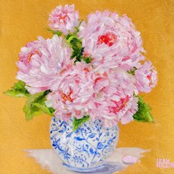 Leah Higgins Fine Art - Peonies on gold lief. For sale