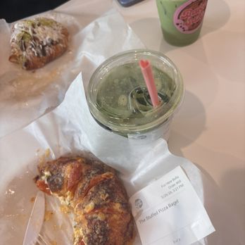 Bake Sale Bakery & Cafe - Banana Bananas Foster Matcha Latte The Stuffed Pizza Bagel Ceremonial Matcha Latte Pistachio Almond Croissant - Coffee & Tea Near Me - Azusa, California