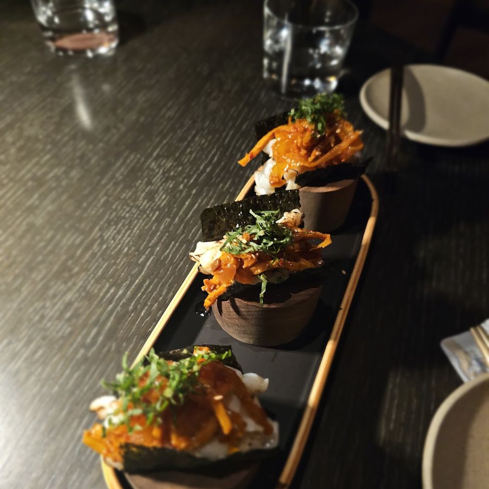 Musaek - Hwe Muchim- squid, Jeju fluke, granny smith apple, perilla, sesame, gochujang vinaigrette, and jalapeno-cucumber granita. $14. She liked it - Korean Near Me - New York, New York Musaek - Hwe Muchim- squid, Jeju fluke, granny smith apple, perilla, sesame, gochujang vinaigrette, and jalapeno-cucumber granita. $14. She liked it - Korean Near Me - New York, New York