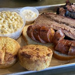 mac n cheese, cornbread, sausage, brisket, burnt ends